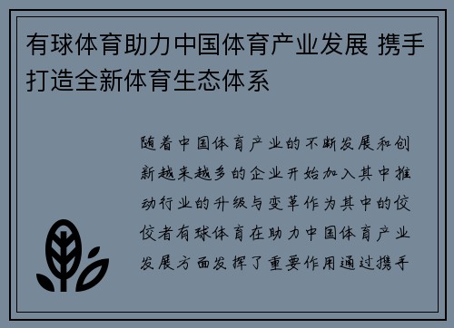 有球体育助力中国体育产业发展 携手打造全新体育生态体系
