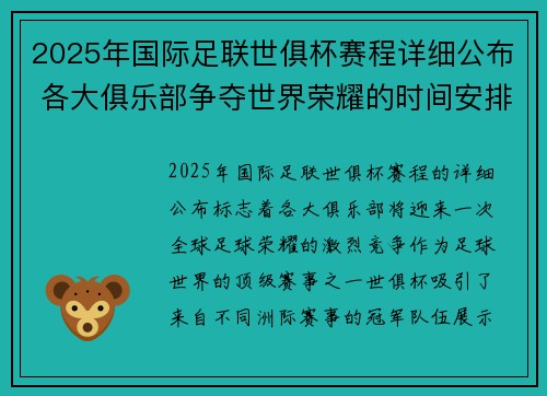2025年国际足联世俱杯赛程详细公布 各大俱乐部争夺世界荣耀的时间安排